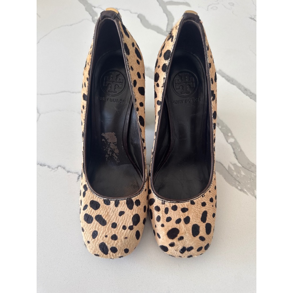 Tory Burch Leopard Print Calf Hair Block Heel Pumps Brown Tan Square Toe Shoes